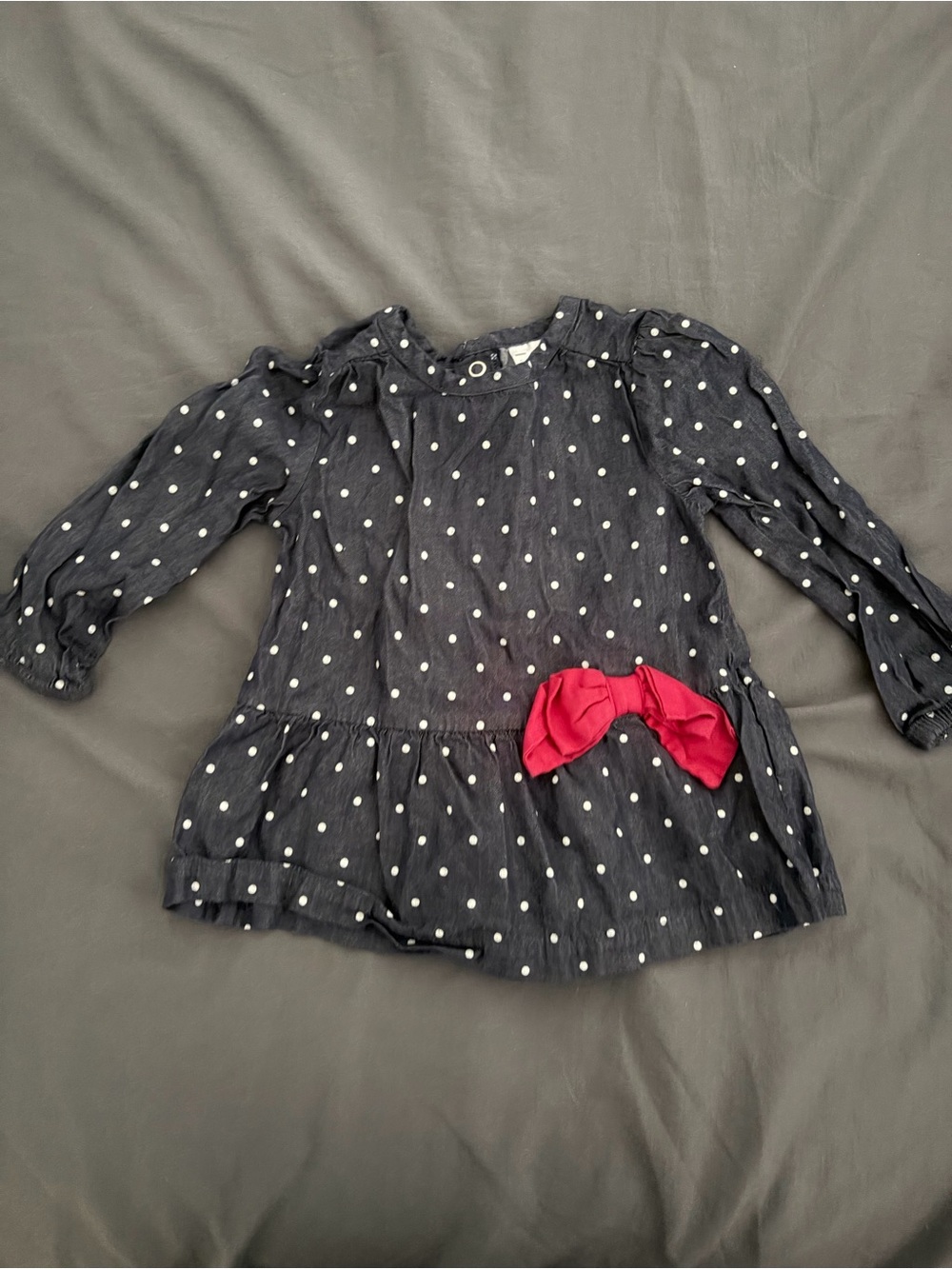 Girls Denim Polka Dot Long-Sleeve Top with Pink Bow
